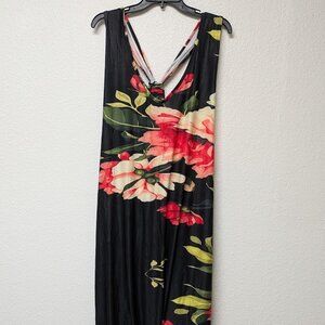 LILY Black & Pink Racerback Harem Drop Crotch Jumpsuit w/ Floral Design - 2X/20W
